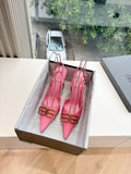Balenciaga pink slingback high heels with pointed toe, ankle strap, gold hardware