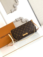 Louis Vuitton monogram crossbody bag, flap front, gold clasp, chain strap, brown canvas.