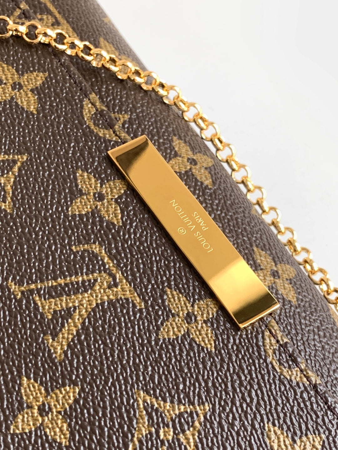 Louis Vuitton monogram canvas bag clasp detail with gold bar and chain hardware.