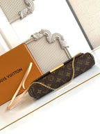 Louis Vuitton monogram shoulder bag, long chain strap, gold clasp, brown canvas body.