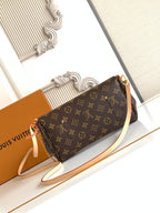 Louis Vuitton monogram shoulder bag, gold clasp, chain strap, brown canvas with light strap.