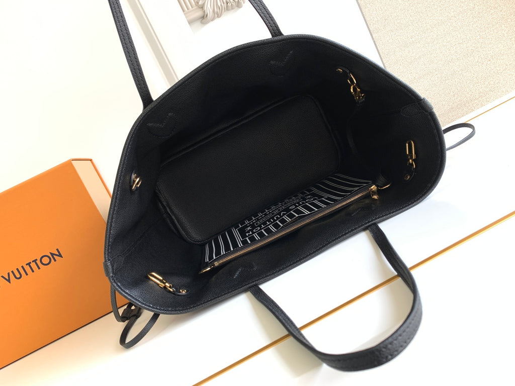 Louis Vuitton black leather crossbody bag with gold hardware and open interior