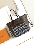 Louis Vuitton monogram tote bag with black handles and zip top; front barcode-style panel