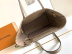 Beige tote bag with top zipper and fabric-lined interior, shown open
