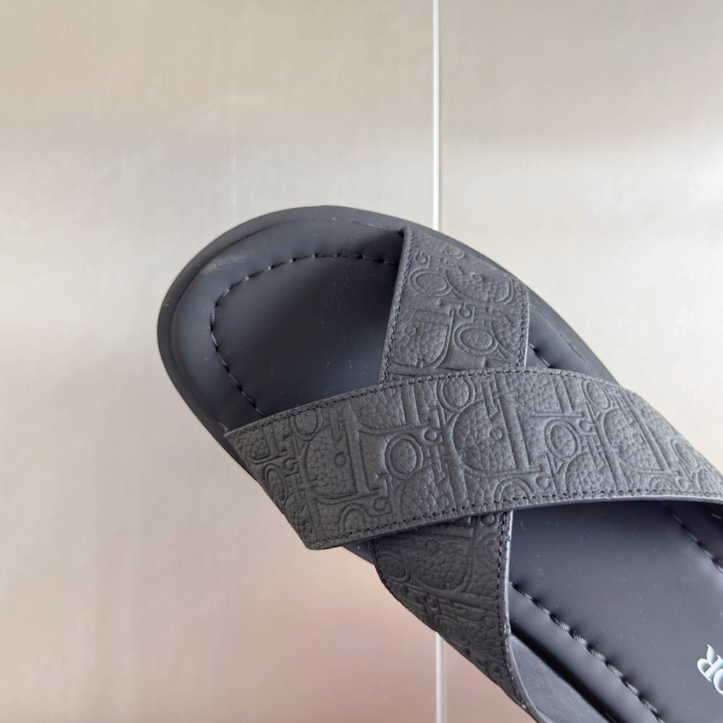 Dior unisex slide sandal, light gray embossed strap detail and cushioned footbed