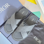 Dior unisex slide sandals in light gray textured leather with cross straps and stitching