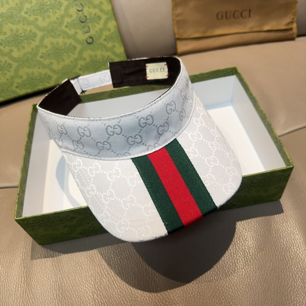 Gucci visor cap with GG monogram, green red web stripe front panel, light blue