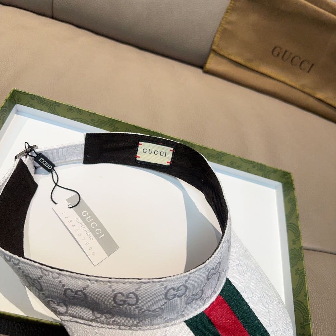Gucci visor cap with GG monogram, green red web stripe, adjustable strap
