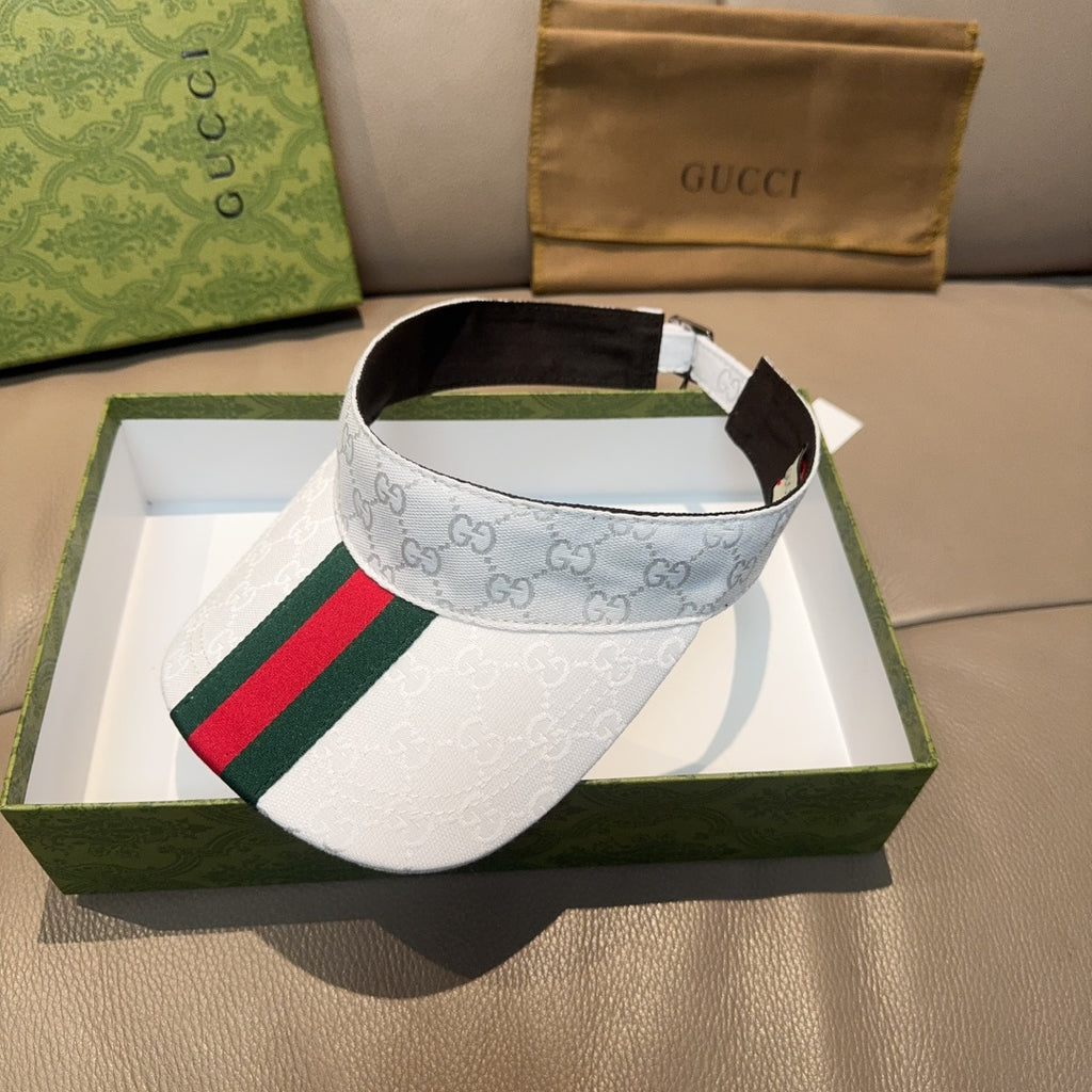 Gucci visor cap with GG monogram print and green red web stripe, light blue