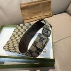 Gucci GG canvas cap with dark strap and red-blue web stripe, side view