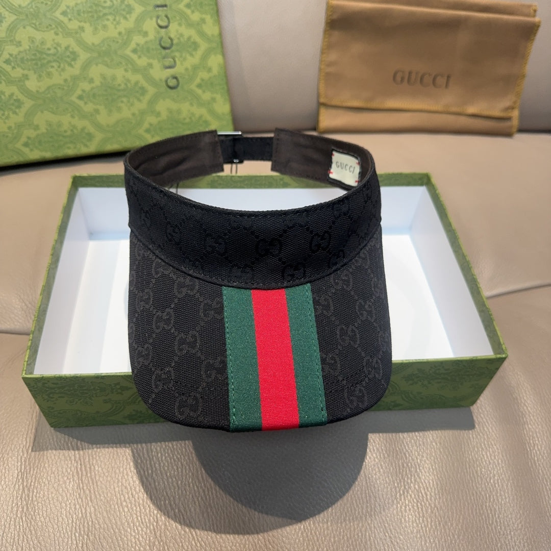Gucci visor cap, dark GG jacquard with green and red vertical stripe detail