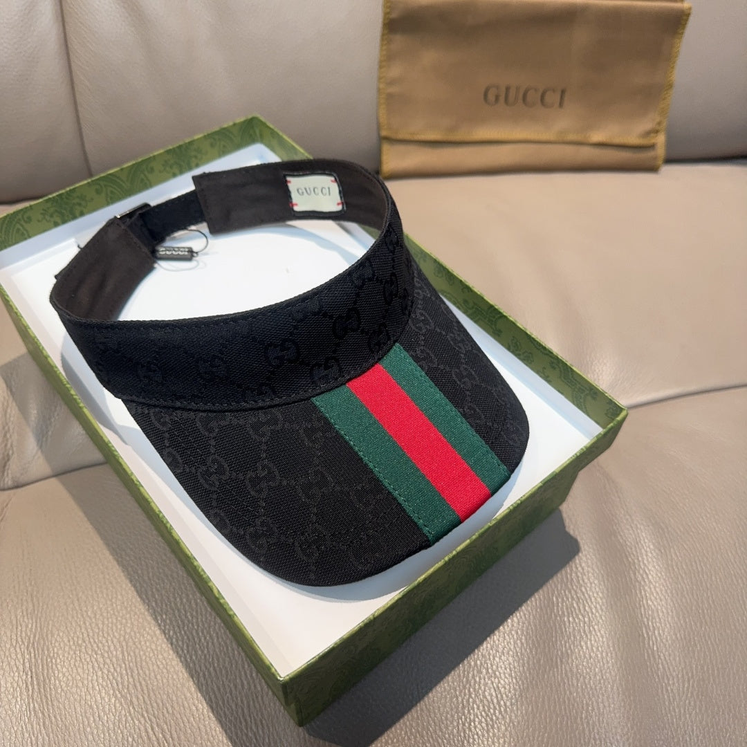 Gucci visor cap, dark GG pattern with green and red striped band on front