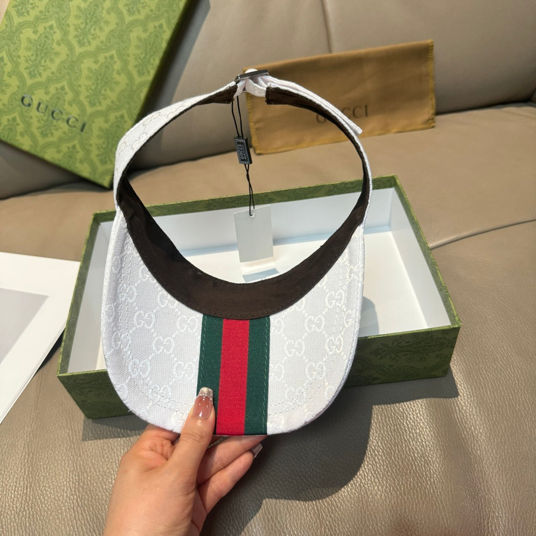 White GG-print visor cap with multicolor Web stripe and dark underside