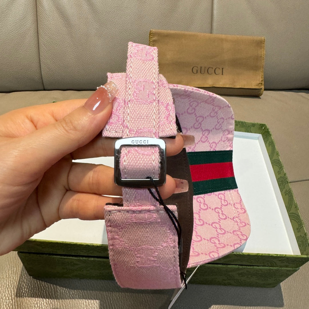 Pink adjustable visor strap with GG texture and buckle label