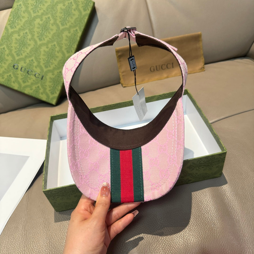 Pink GG visor cap with brown underbrim and green-red stripe detail