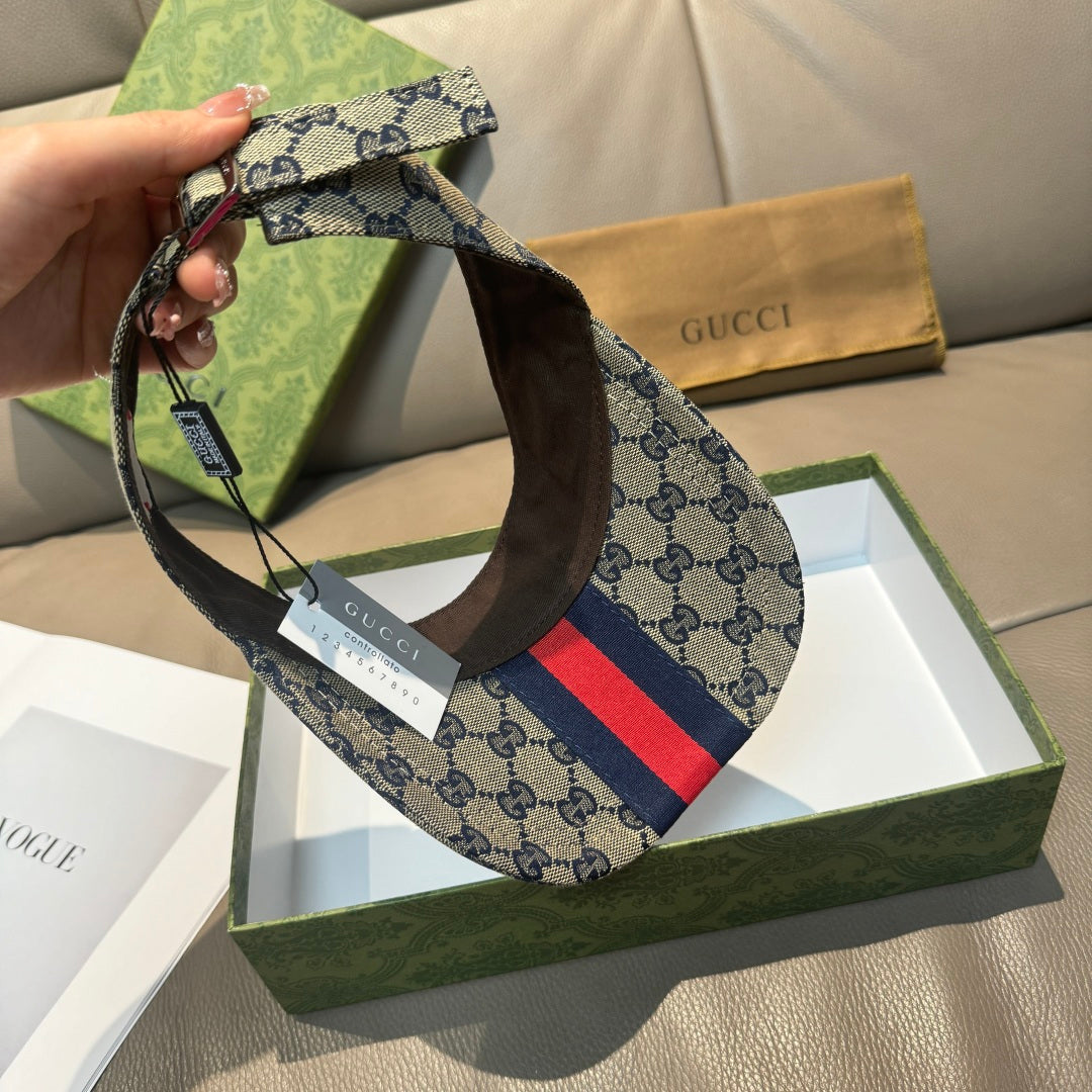Gucci cap with beige GG canvas strap and red-and-navy stripe, side view