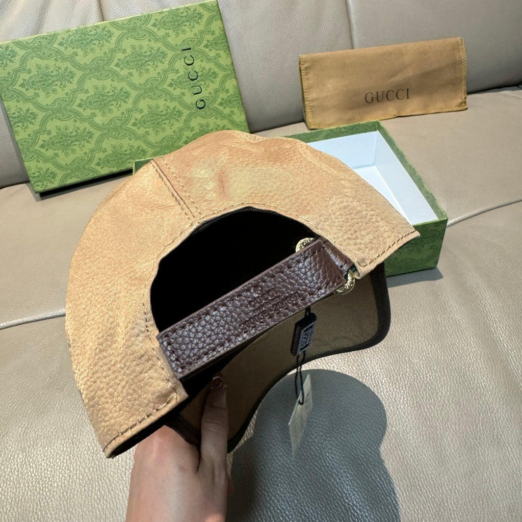 Gucci GG baseball cap underside view in beige-brown with dark strap detail