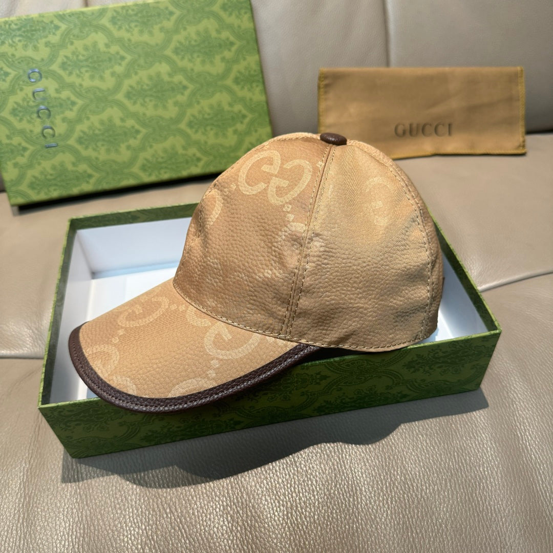 Gucci GG baseball cap in beige-brown with dark trim brim, shown on box set