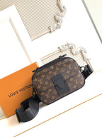 Louis Vuitton monogram crossbody bag with front flap, belt strap, and dark leather trim
