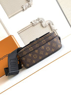 Louis Vuitton monogram crossbody bag with front flap and strap, profile view with zipper