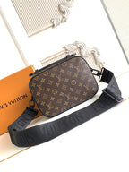Louis Vuitton monogram crossbody bag with front flap and black strap, angled view