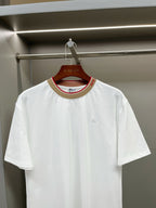 Burberry white crewneck T-shirt with small chest logo and striped collar trim