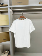 White short-sleeve T-shirt on hanger with crew neck and check trim