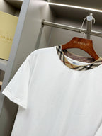 White short-sleeve T-shirt with crew neck and Burberry check-trim collar