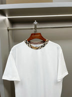 White crew-neck T-shirt with Burberry check trim around neckline