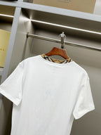 White short-sleeve T-shirt back view with crew neck and check-trim collar
