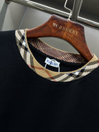 Burberry black T-shirt with plaid check crew neckline and inner collar trim