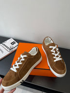Hermes ladies brown suede low-top sneakers, white laces and white rubber trim