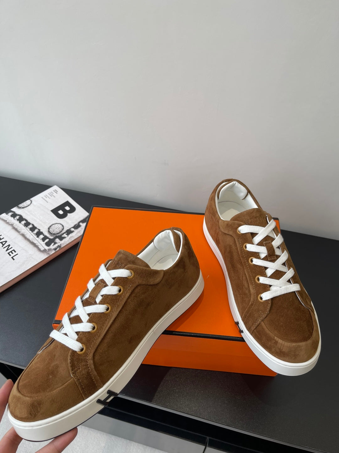 Hermes ladies brown suede low-top sneakers, white laces and white rubber trim