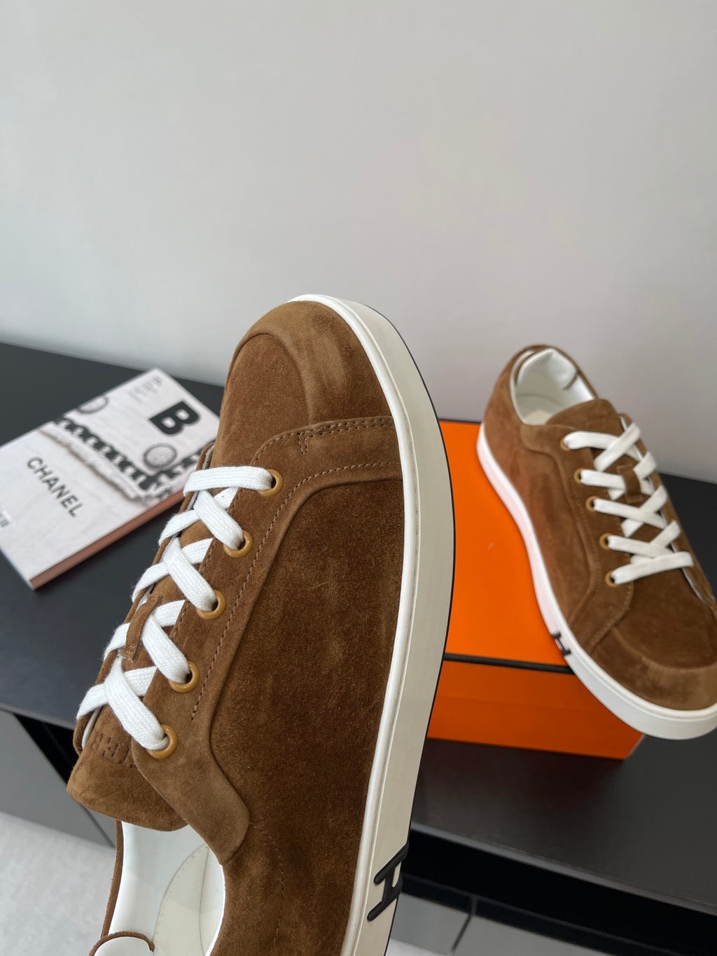 Hermes ladies brown suede sneakers with white laces and thick white edge sole