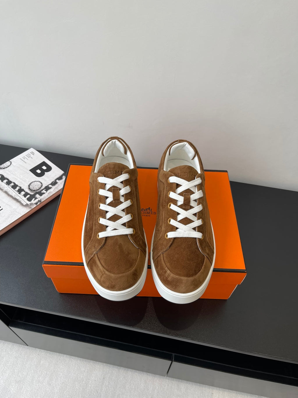 Hermes ladies suede sneakers, brown with white laces and rubber sole