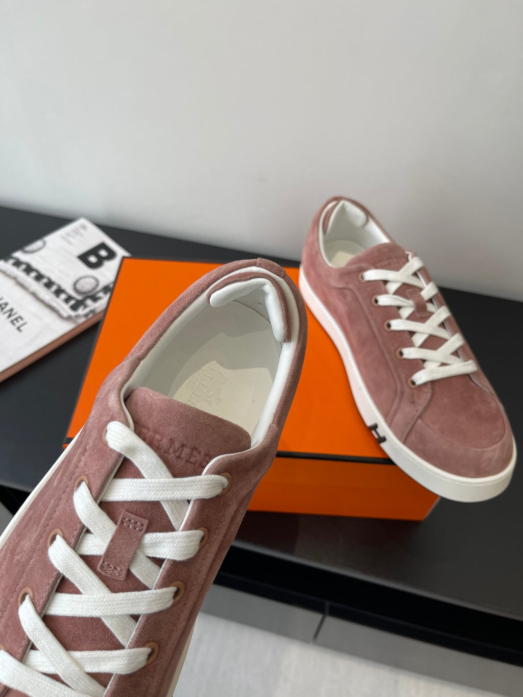 Hermes ladies suede sneakers, dusty rose with white laces and padded collar
