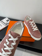 Hermes ladies suede sneakers, dusty rose with white laces and padded collar