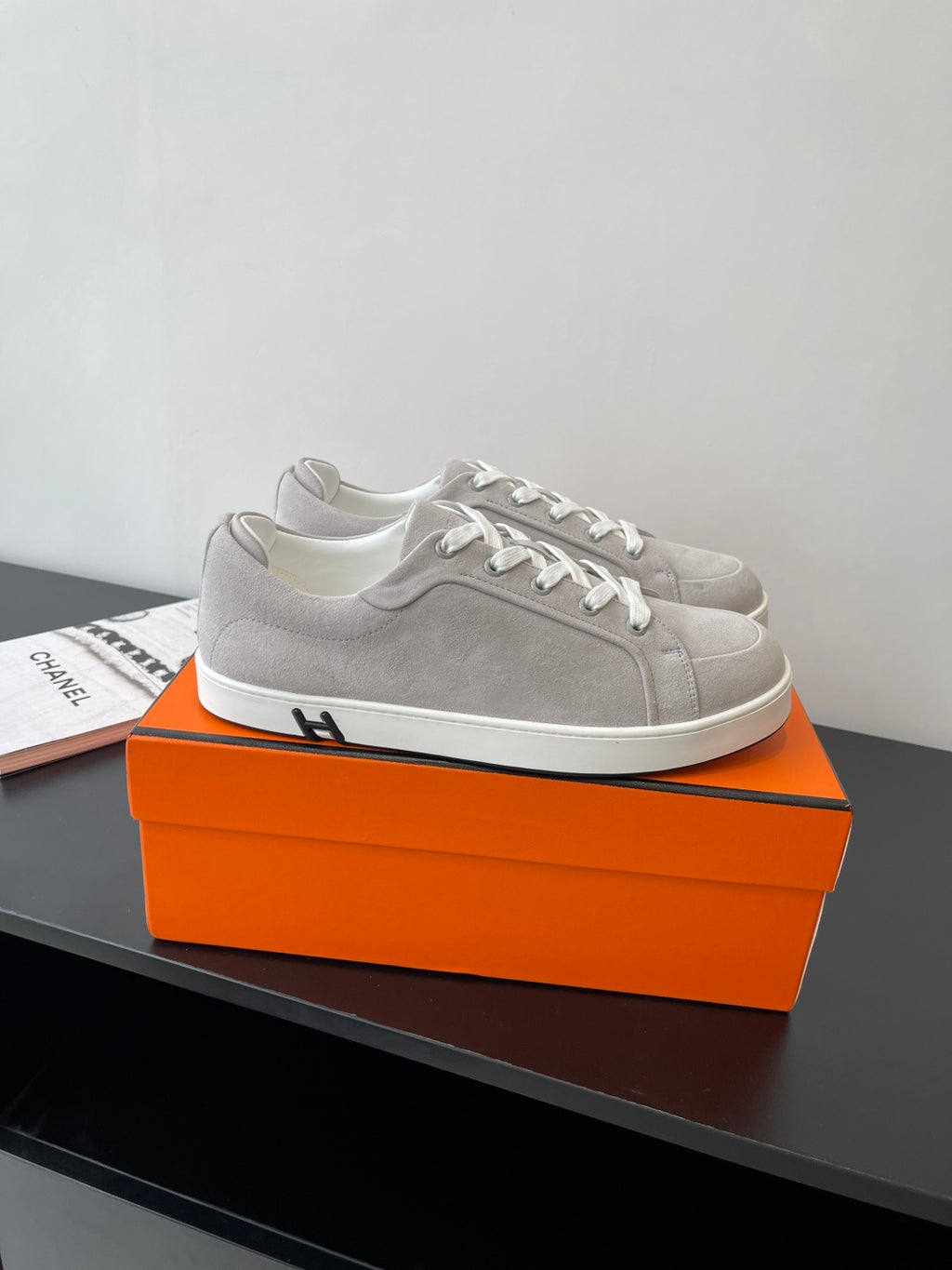 Hermes ladies low-top sneakers, light gray suede with white lace-up front