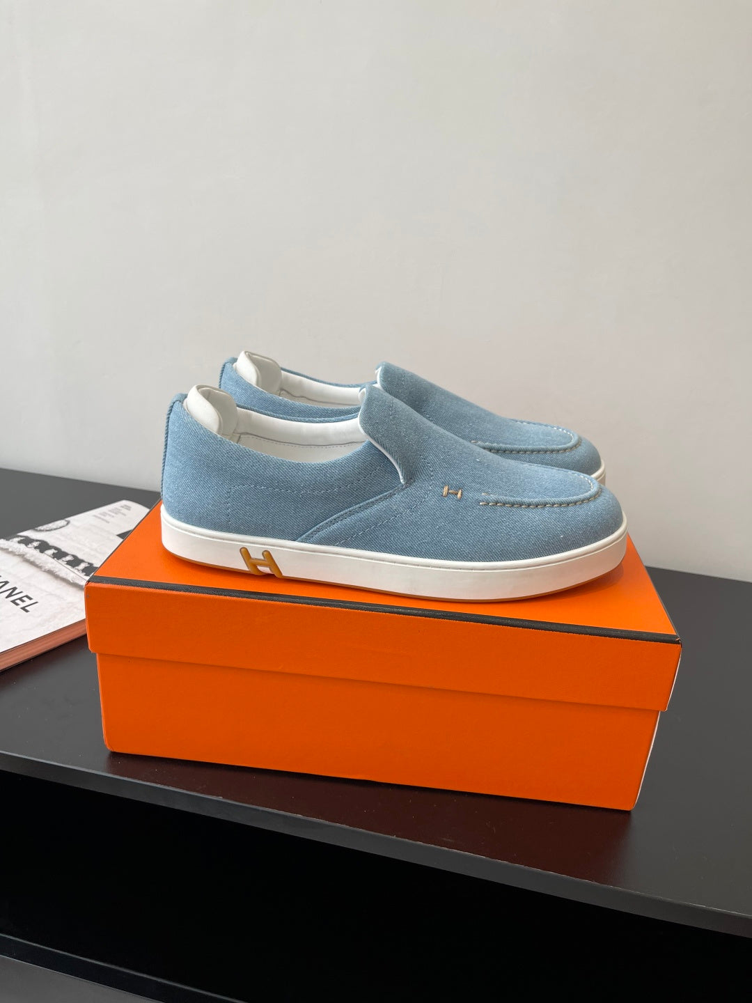 Hermes ladies blue denim slip-on loafers with white sole, low-profile design