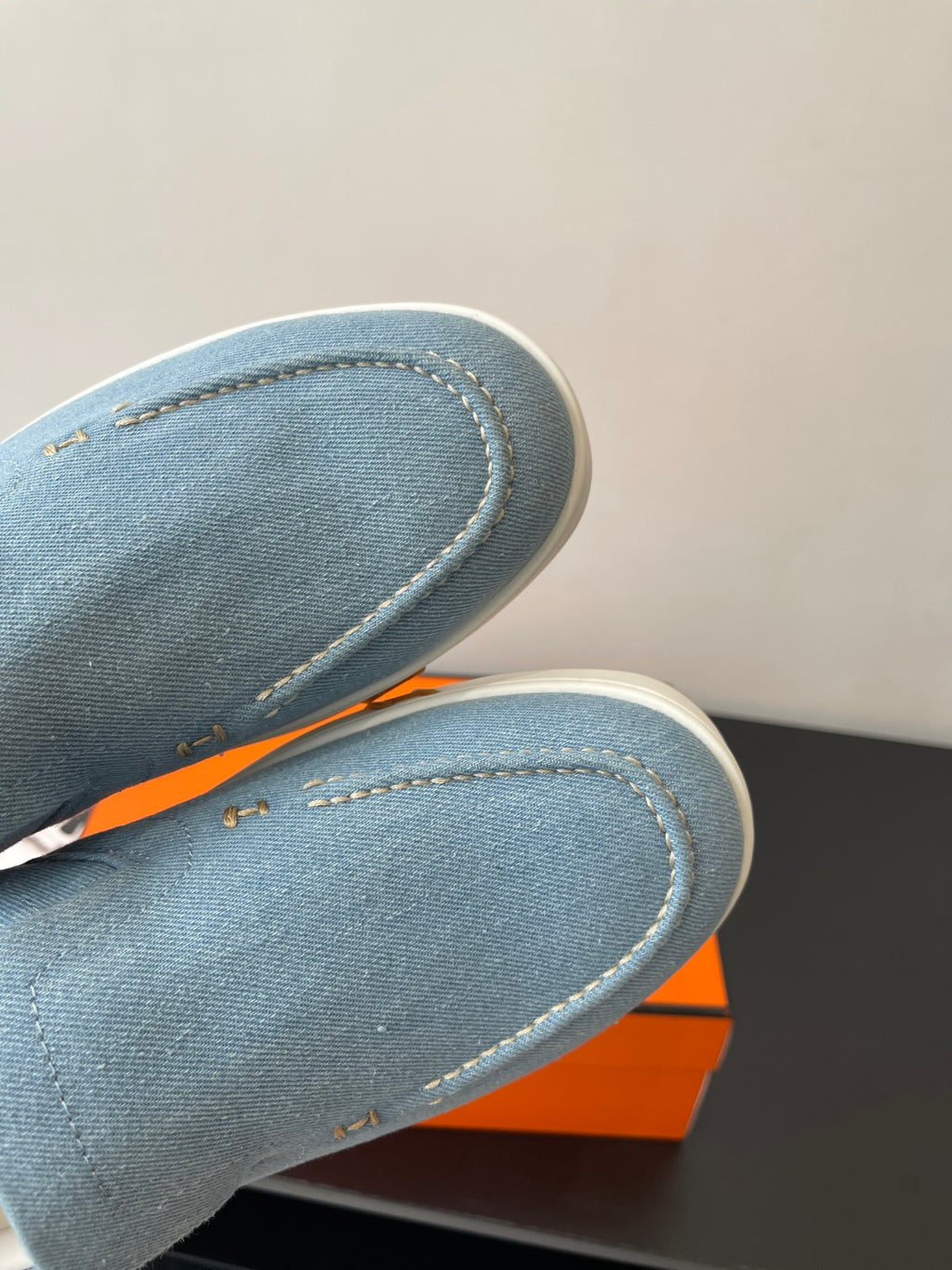 Hermes ladies blue denim slip-on loafer toe seam detail, white sole edge