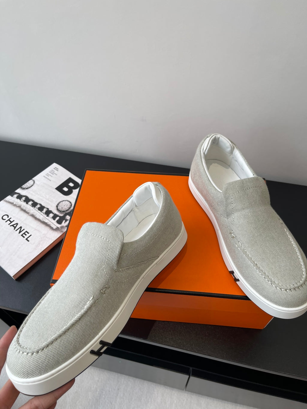 Hermes ladies light gray canvas slip-on sneakers, low profile, white rubber sole