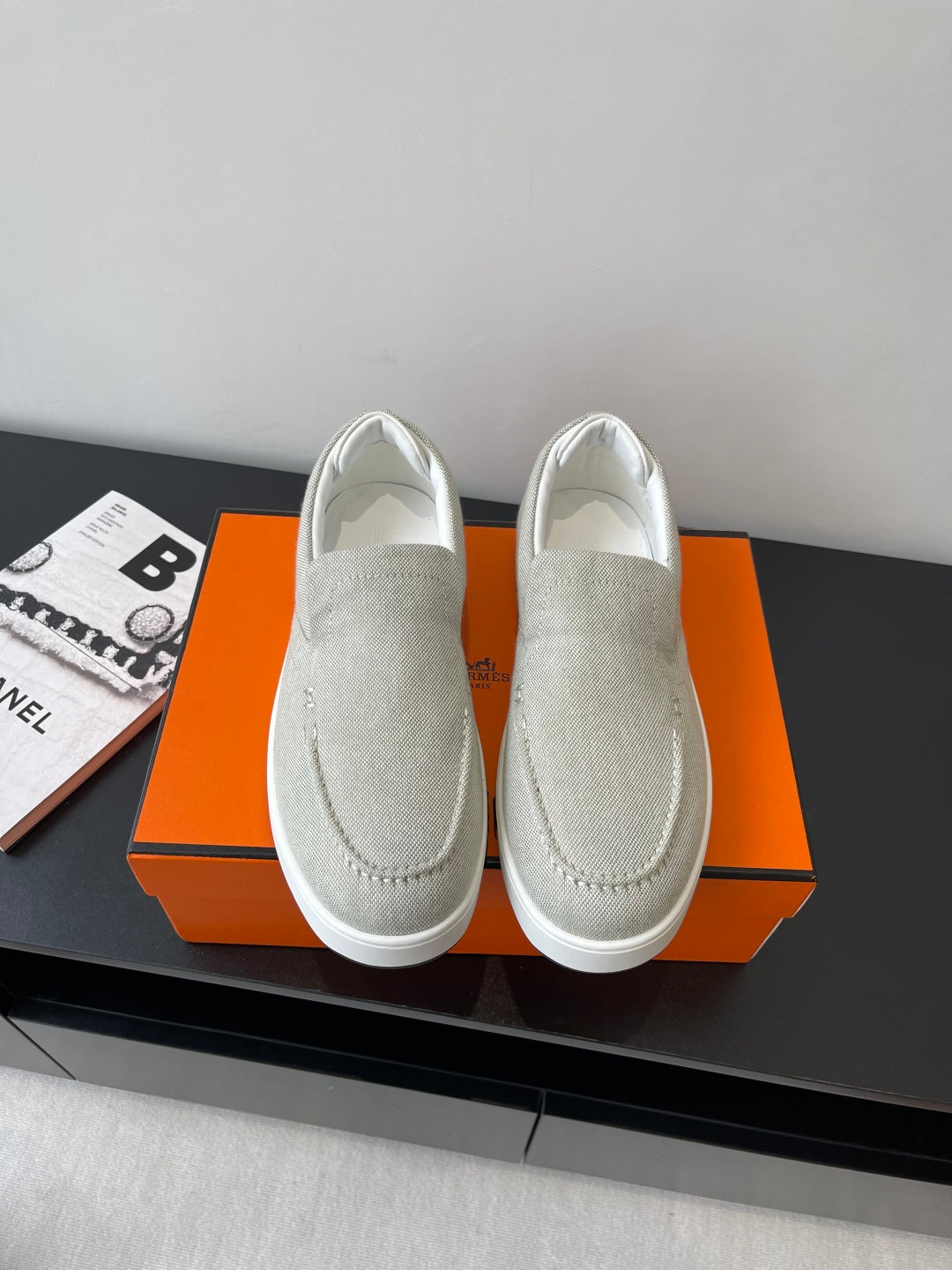 Hermes ladies light gray canvas slip-on sneakers with white rubber sole, stitched toe