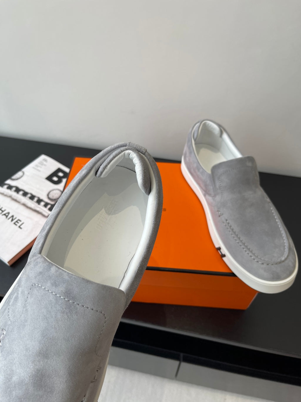 Hermes women’s gray suede slip-on sneakers, interior lining and padded collar view