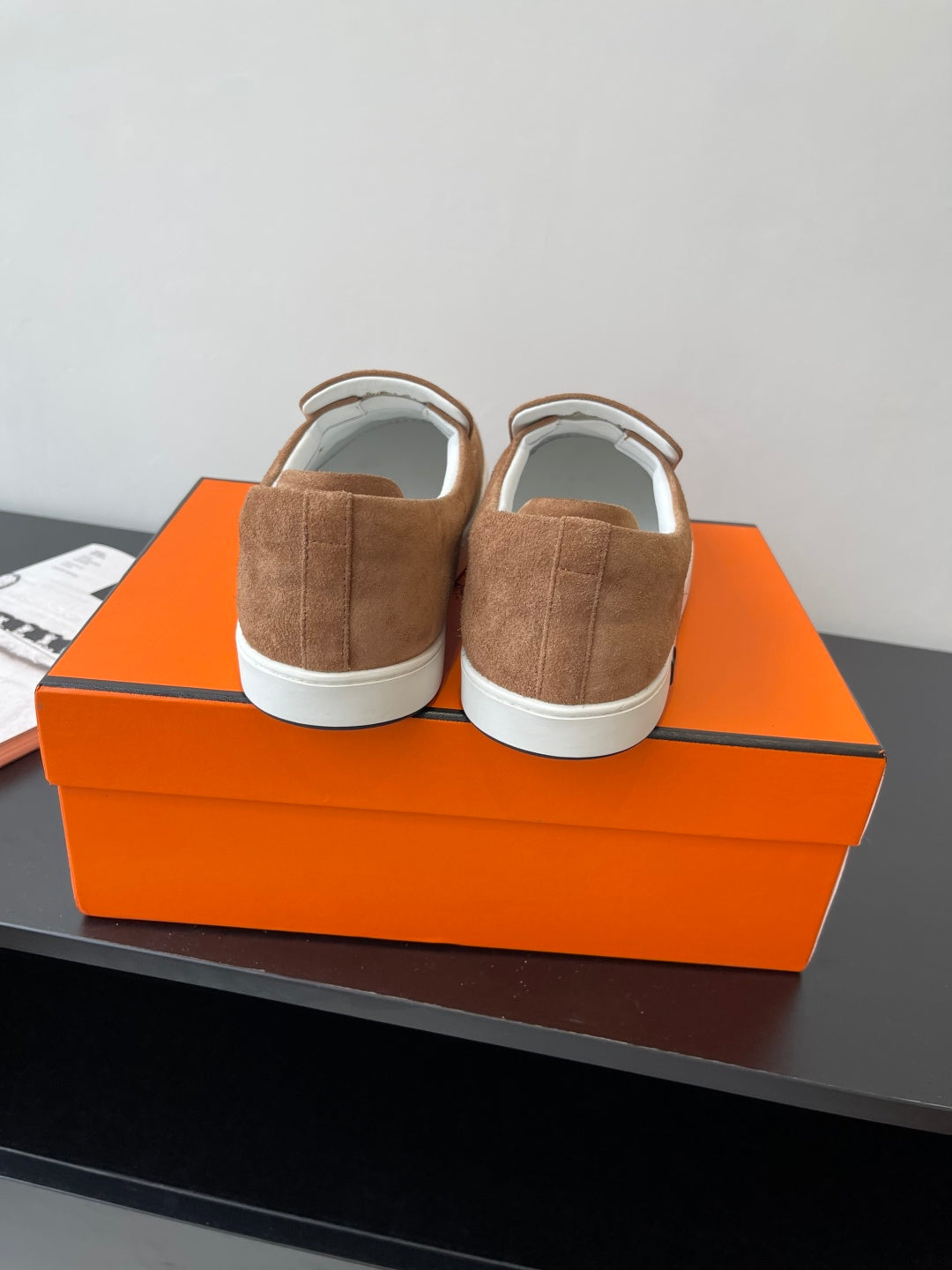 Hermes suede slip-on loafers, tan/brown pair with white rubber sole