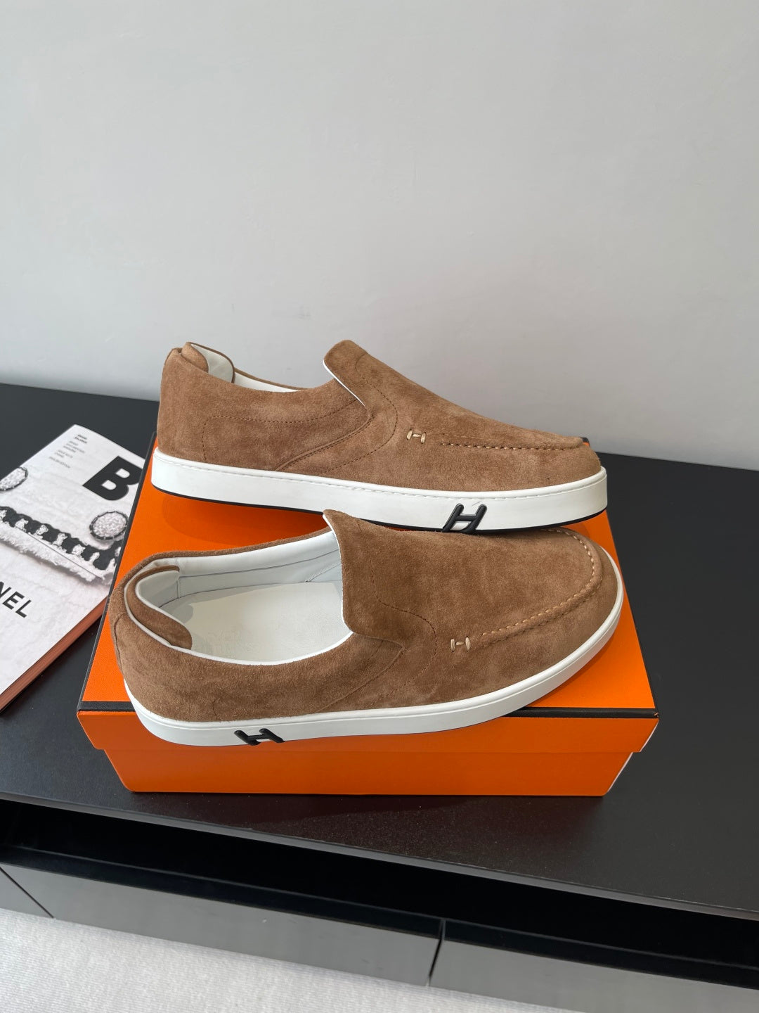 Hermes suede slip-on loafers, tan/brown uppers with white rubber sole