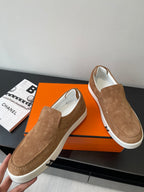 Hermes suede slip-on loafers, tan/brown with white rubber sole trim