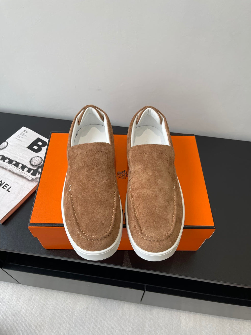 Hermes suede slip-on loafers, tan/brown with white rubber sole