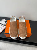 Hermes suede slip-on loafers, tan/brown with white rubber sole