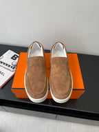 Hermes suede slip-on loafers, tan/brown with white rubber sole
