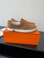 Hermes suede slip-on loafers, tan with white edge and rubber sole